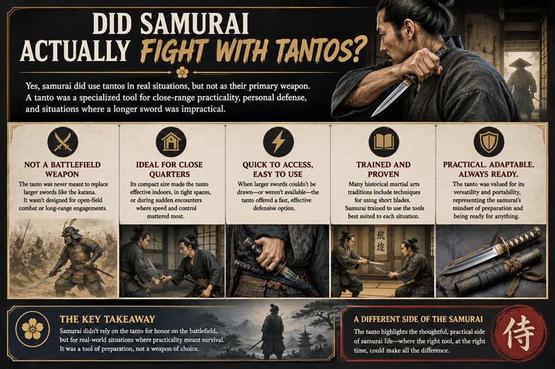 Infographic explaining whether samurai fought with tantos, showing close-range defense, indoor use, practicality, and how short blades were used in real samurai situations