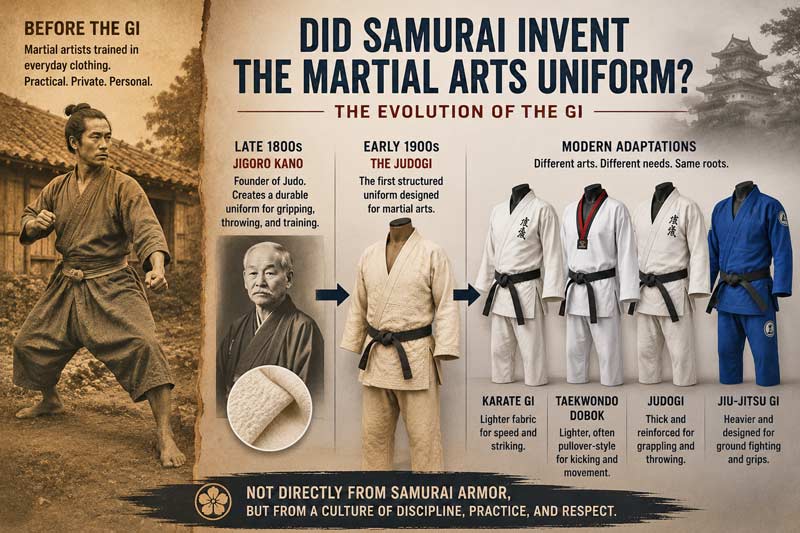 Historical infographic showing the evolution of martial arts uniforms from early Okinawan training clothes to modern karate, taekwondo, judo, and jiu-jitsu gis.