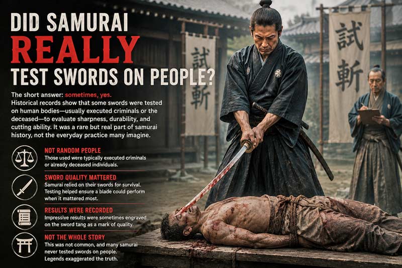 Infographic exploring whether samurai really tested swords on people and the historical practice of tameshigiri.