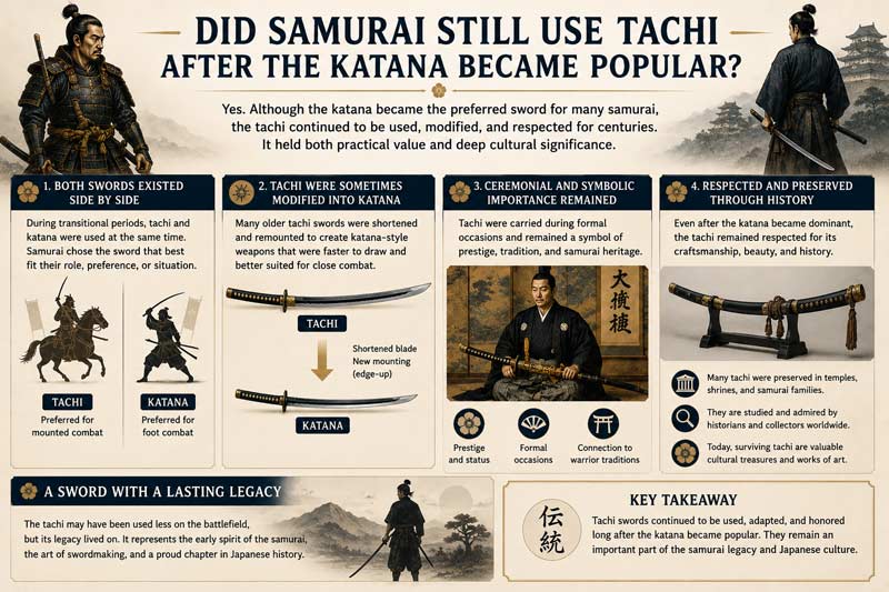Infographic explaining whether samurai still used tachi swords after the katana became popular, showing ceremonial use, modified blades, side-by-side sword use, and the tachi's lasting historical importance