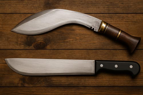 Close-up of a kukri and machete on a wooden surface showing the difference in blade shape.