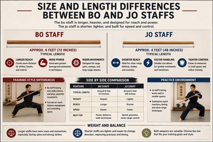 Infographic comparing the size, length, reach, and handling differences between traditional bo staffs and jo staffs
