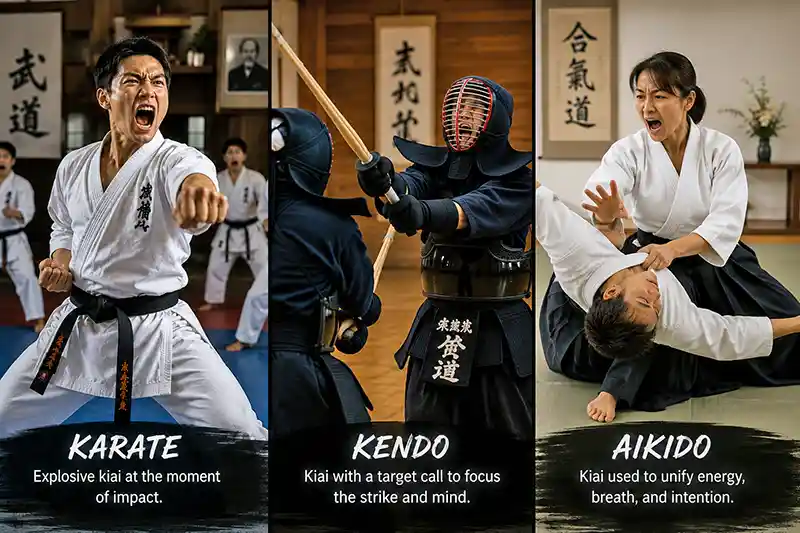 Karate, kendo, and aikido practitioners demonstrating kiai during training
