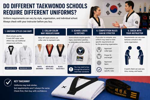 Taekwondo uniform styles and school requirements showing V-neck, wraparound, and rank collars