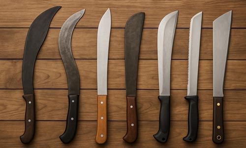 Different types of machetes lined up on a wooden surface.