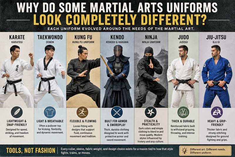 Infographic comparing different martial arts uniforms including karate, taekwondo, kung fu, kendo, ninja, judo, and jiu-jitsu uniforms and why each style evolved differently.