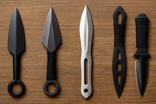 Different throwing knife styles arranged on a wooden surface