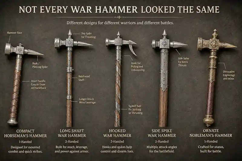 Collection of medieval war hammers showing several historical designs and sizes.