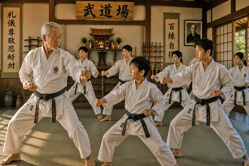 Experienced martial arts instructor training younger students in a traditional dojo across multiple generations