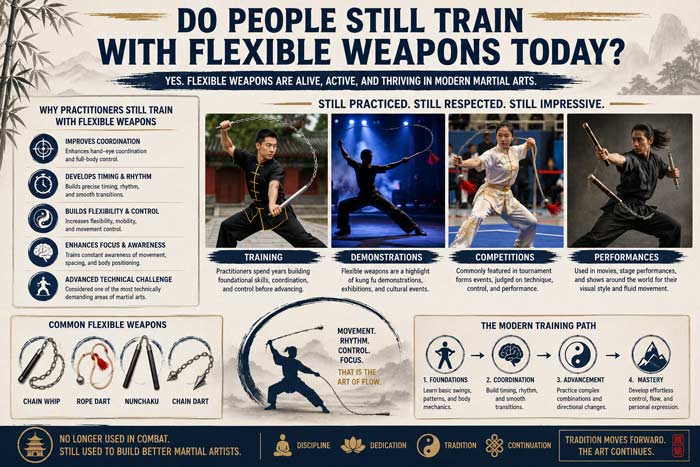 Infographic about modern flexible martial arts weapon training featuring chain whips, rope darts, nunchaku, demonstrations, competitions, and coordination-based practice