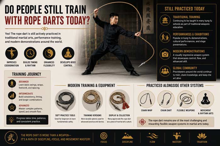 Infographic about modern rope dart training featuring coordination, flexibility, traditional martial arts practice, and advanced movement-based training systems