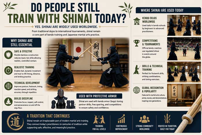Infographic about modern shinai training featuring kendo sparring, protective armor, technical drills, tournaments, and traditional Japanese martial arts practice