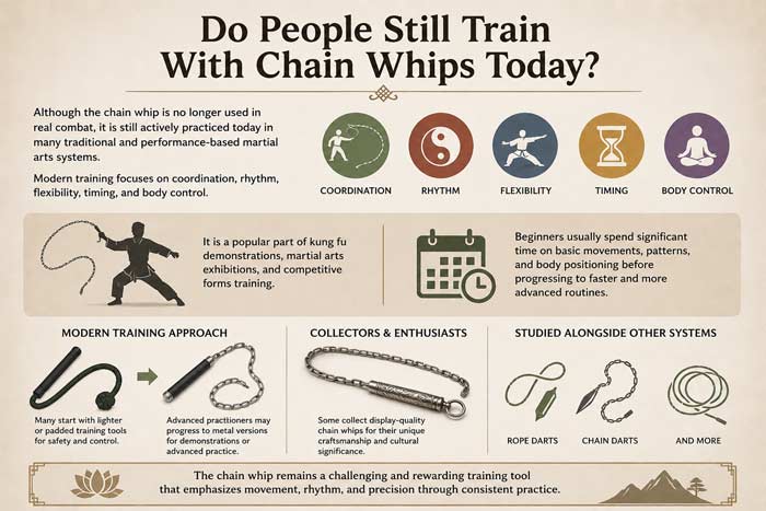 Infographic about modern chain whip training featuring coordination, rhythm, flexibility, and traditional martial arts practice concepts