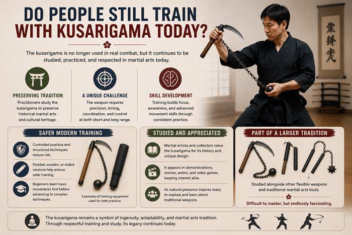 Infographic about modern kusarigama training featuring safe practice methods, traditional martial arts themes, and training equipment displays