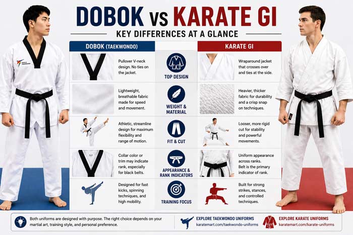 Dobok vs karate gi comparison showing design, fit, material, and training differences