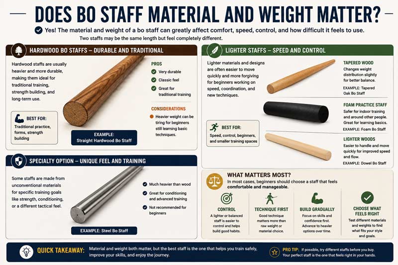 Infographic explaining how bo staff material and weight affect training, comparing hardwood, tapered, foam, and steel bo staffs while showing how weight and balance influence control, speed, and beginner comfort