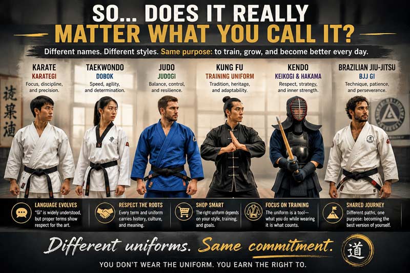 Martial artists in different uniforms including karate, taekwondo, judo, kung fu, kendo, and jiu-jitsu standing side by side.