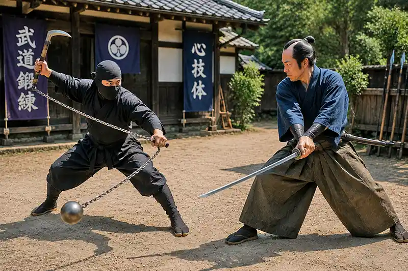 Kusarigama wielder facing a swordsman prepared to exploit the weapons weaknesses.