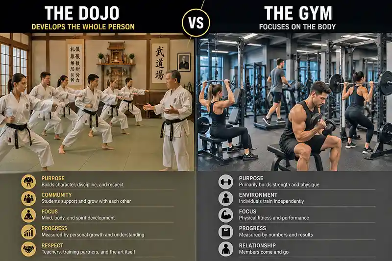 Comparison showing a traditional dojo focused on discipline and personal growth versus a modern gym focused on physical fitness