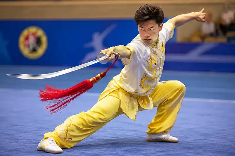 Wushu practitioner performing with a flexible Chinese sword