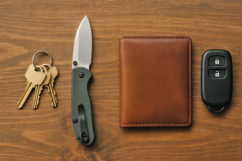 EDC knife, wallet, keys, and key fob arranged on a wooden surface