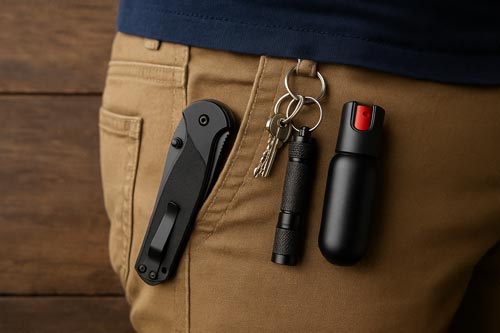 Everyday carry items including a knife, flashlight, keys, and pepper spray clipped to khaki pants.