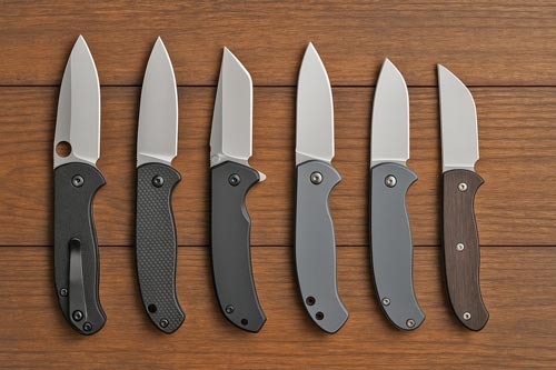 EDC folding knives with different blade shapes arranged on a wooden surface