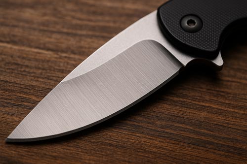 Close up of an EDC knife blade on a wooden surface