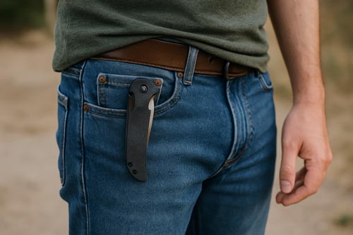 Folding EDC knife clipped inside a front pants pocket