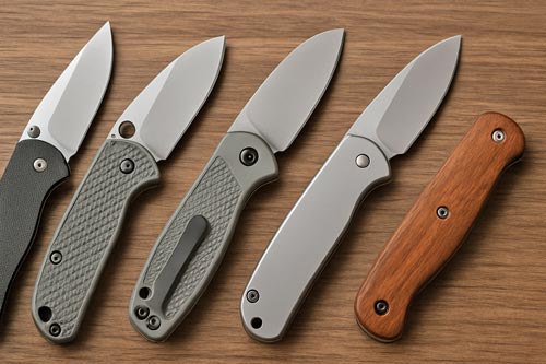 EDC knives with different handle materials arranged on a wooden surface