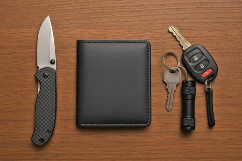 EDC knife, wallet, keys, and flashlight arranged on a wooden surface