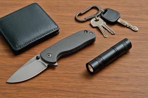 EDC knife with wallet, keys, and flashlight on a wooden table.