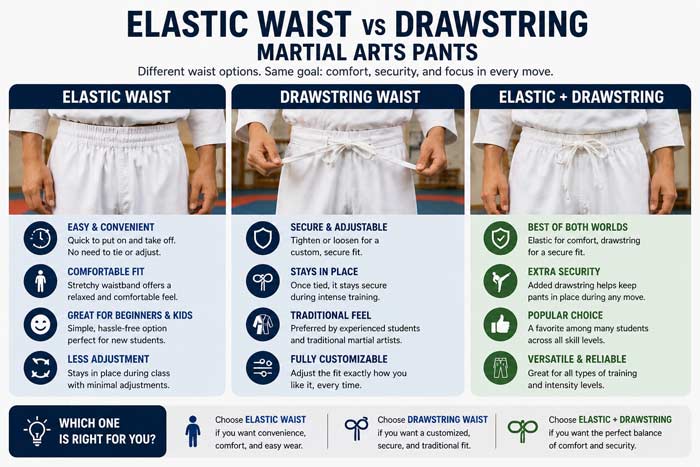 Infographic comparing elastic waist and drawstring martial arts pants showing differences in fit, comfort, and adjustability