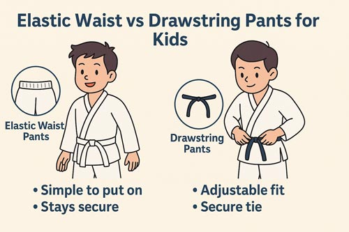 Illustration comparing elastic waist and drawstring martial arts pants for kids.