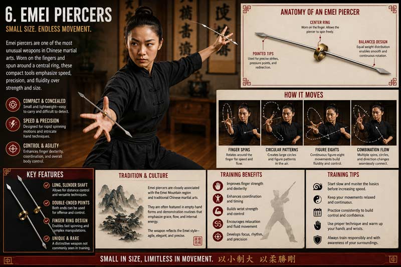 Martial artist demonstrating authentic emei piercers in a dojo with infographic panels explaining spinning techniques, finger-ring design, and Chinese martial arts history
