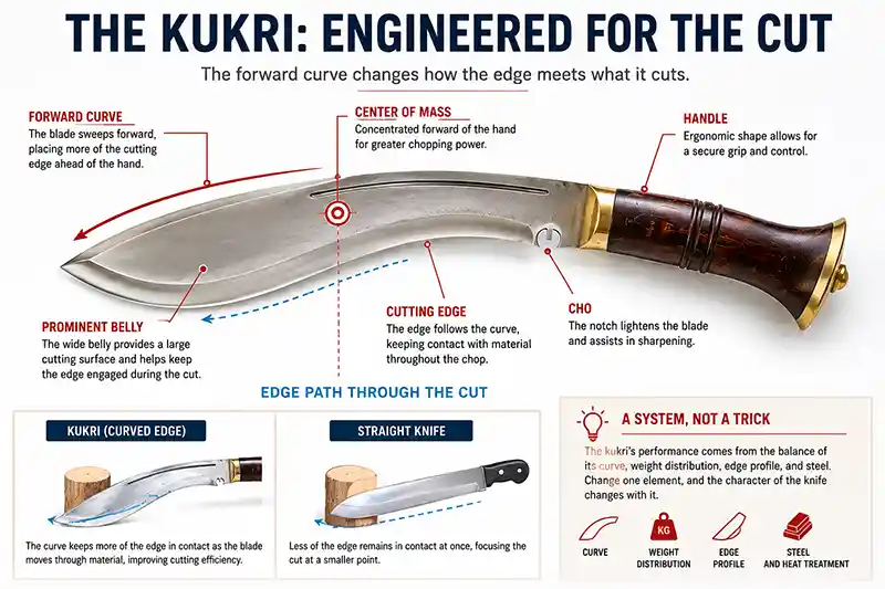 Kukri blade diagram showing forward curve, cutting edge, and weight distribution