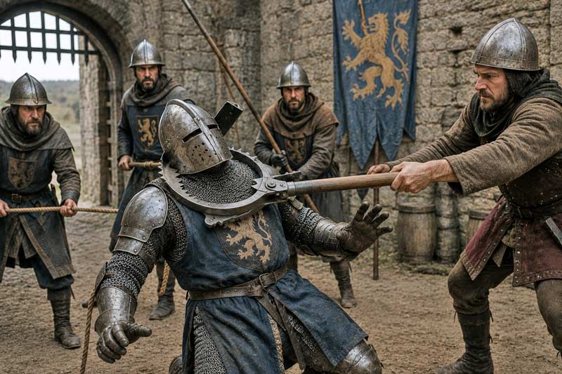 Medieval guards using a man catcher to capture an armored knight alive.