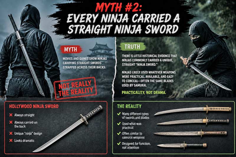 Infographic debunking the myth that every ninja carried a straight ninja sword.