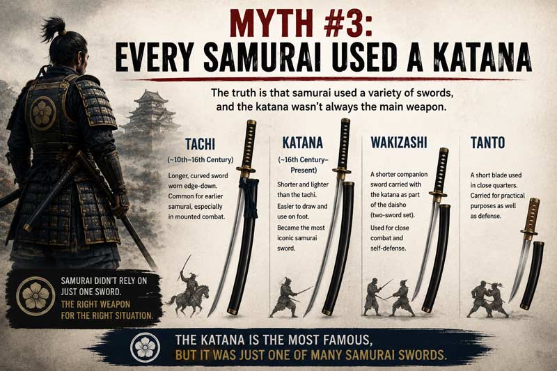 Infographic showing different types of samurai swords, including katana, tachi, wakizashi, and tanto.