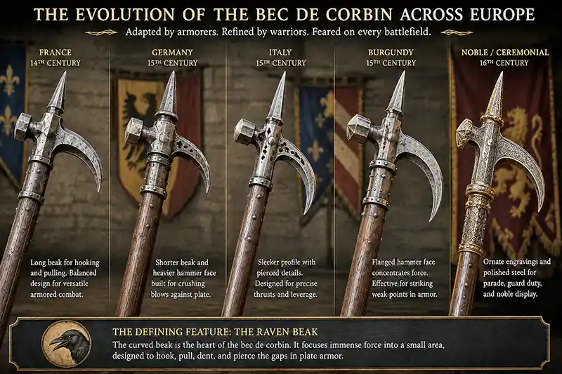 Comparison of medieval bec de corbin designs from different regions of Europe.