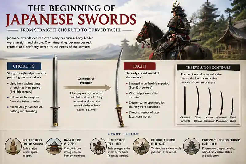 Evolution of Japanese swords from straight chokuto to curved tachi