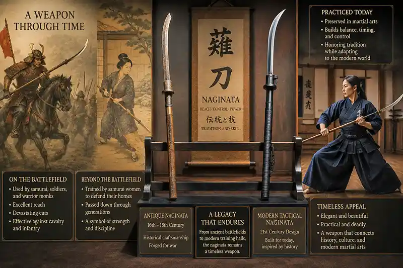 Museum display showing the evolution of the naginata from ancient battlefield weapon to modern martial art.