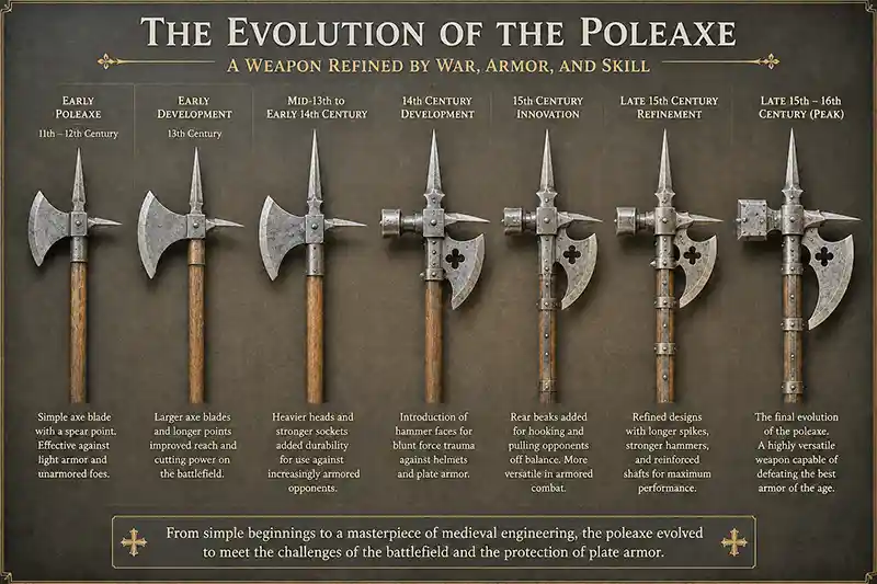 Timeline showing the evolution of the medieval poleaxe from early designs to advanced late medieval versions.
