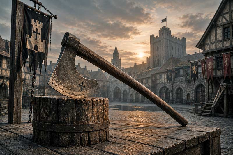 Executioner's axe resting on a wooden block in a deserted medieval town square at dawn.