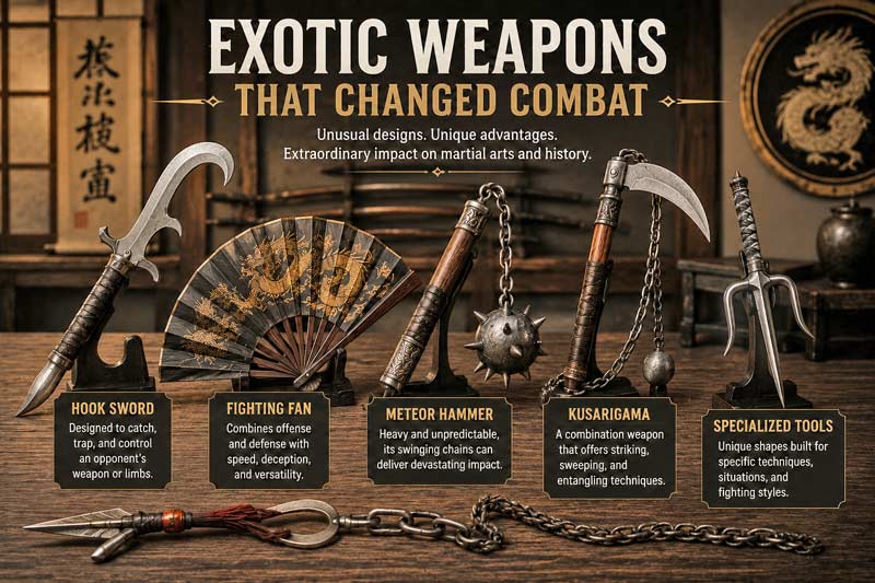Infographic showing exotic martial arts weapons including hook sword, fighting fan, meteor hammer, and kusarigama in a dojo setting