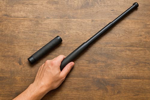 Hand holding an extended black expandable baton with a collapsed baton beside it on a wooden table.
