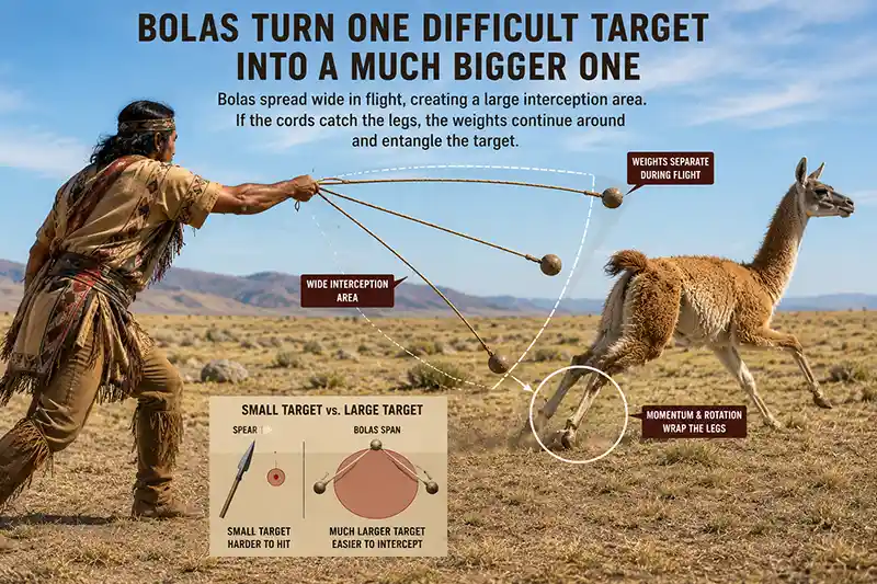 Bolas spreading toward the legs of a running target