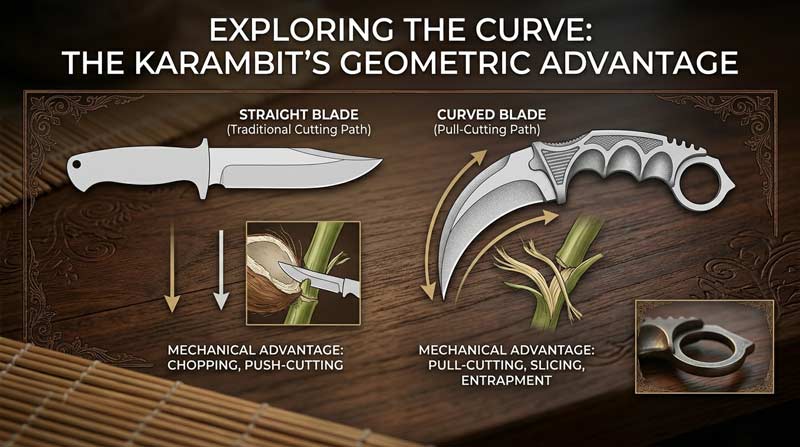Infographic comparing a curved karambit blade to a straight knife blade to explain the karambits unique shape and control