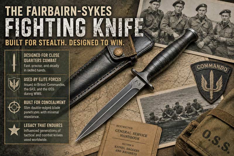 Fairbairn-Sykes fighting knife with WWII commando gear infographic.