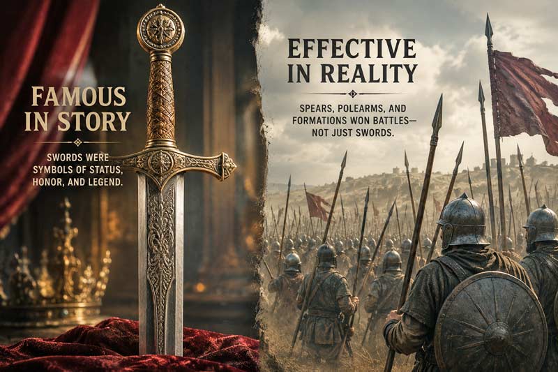 Split-scene image showing a legendary sword contrasted with soldiers carrying spears on a battlefield